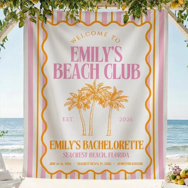 Main image of Personalized Welcome to Beach Club Bachelorette Banner Backdrop Custom Name Palm Trees Orange Yellow Bach Weekend Photo Backdrop Bridal Shower Hen Night Girls Night Bride To Be Decor Sign Art