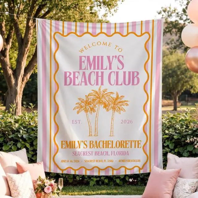Alt view image 3 of 7 - Personalized Welcome to Beach Club Bachelorette Banner Backdrop Custom Name Palm Trees Orange Yellow Bach Weekend Photo Backdrop Bridal Shower Hen Night Girls Night Bride To Be Decor Sign Art