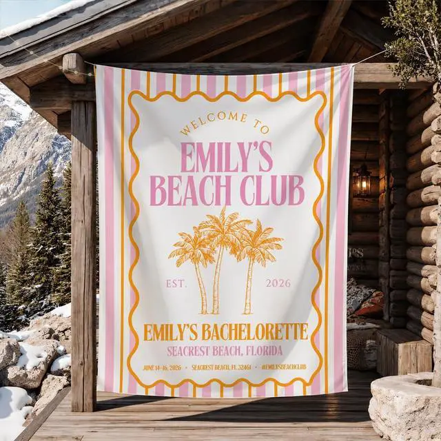 Alt view image 2 of 7 - Personalized Welcome to Beach Club Bachelorette Banner Backdrop Custom Name Palm Trees Orange Yellow Bach Weekend Photo Backdrop Bridal Shower Hen Night Girls Night Bride To Be Decor Sign Art