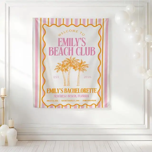 Alt view image 4 of 7 - Personalized Welcome to Beach Club Bachelorette Banner Backdrop Custom Name Palm Trees Orange Yellow Bach Weekend Photo Backdrop Bridal Shower Hen Night Girls Night Bride To Be Decor Sign Art