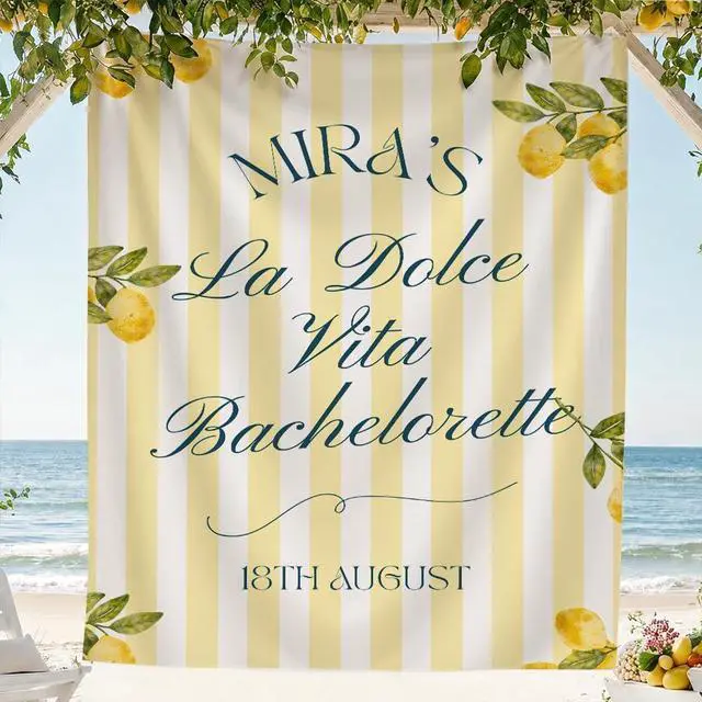 Main image of Personalized La Dolce Vita Bachelorette Banner Backdrop Custom Name Lemon Yellow Stripes Italian Bach Party Photo Backdrop Bridal Shower Hen Party Girls Night Bride To Be Decor Sign Wall Art