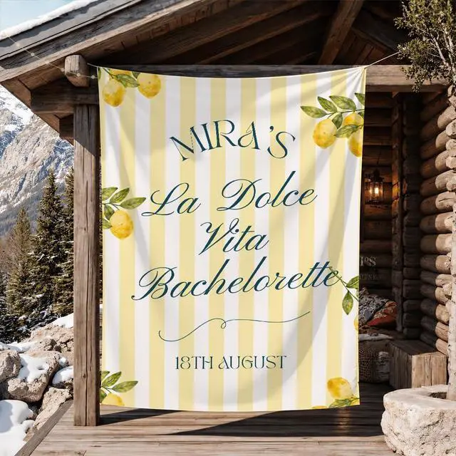 Alt view image 2 of 7 - Personalized La Dolce Vita Bachelorette Banner Backdrop Custom Name Lemon Yellow Stripes Italian Bach Party Photo Backdrop Bridal Shower Hen Party Girls Night Bride To Be Decor Sign Wall Art