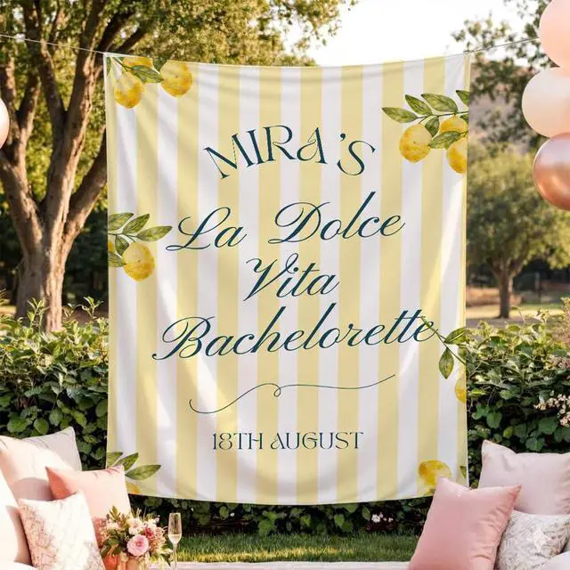 Alt view image 3 of 7 - Personalized La Dolce Vita Bachelorette Banner Backdrop Custom Name Lemon Yellow Stripes Italian Bach Party Photo Backdrop Bridal Shower Hen Party Girls Night Bride To Be Decor Sign Wall Art