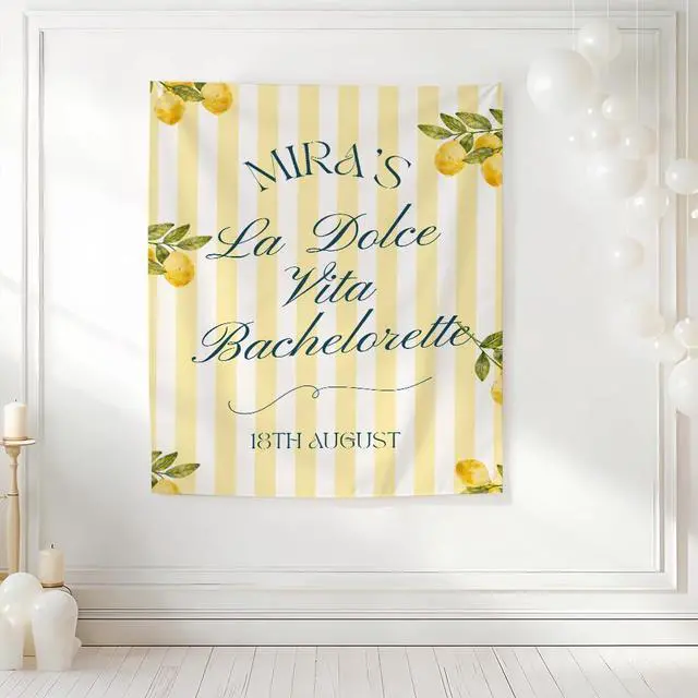 Alt view image 4 of 7 - Personalized La Dolce Vita Bachelorette Banner Backdrop Custom Name Lemon Yellow Stripes Italian Bach Party Photo Backdrop Bridal Shower Hen Party Girls Night Bride To Be Decor Sign Wall Art
