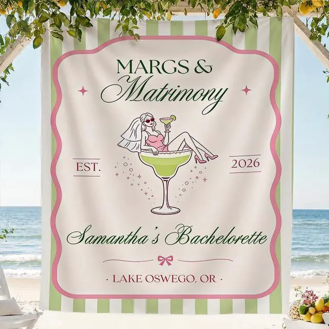 Main image of Personalized Margs and Matrimony Bachelorette Banner Backdrop Custom Name Cocktail Martini Green Stripes Bach Weekend Photo Backdrop Bridal Shower Hen Night Girls Night Decor Sign Wall Art Print