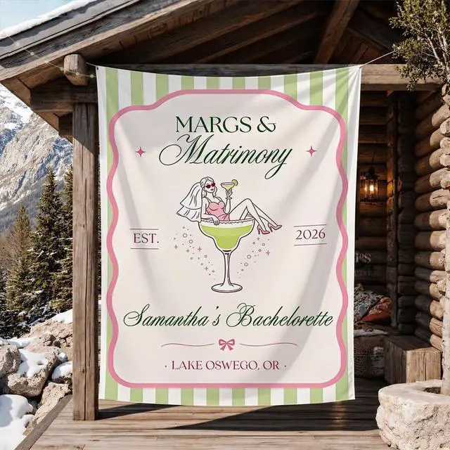 Alt view image 2 of 7 - Personalized Margs and Matrimony Bachelorette Banner Backdrop Custom Name Cocktail Martini Green Stripes Bach Weekend Photo Backdrop Bridal Shower Hen Night Girls Night Decor Sign Wall Art Print