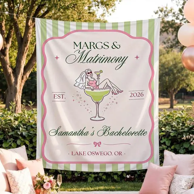 Alt view image 3 of 7 - Personalized Margs and Matrimony Bachelorette Banner Backdrop Custom Name Cocktail Martini Green Stripes Bach Weekend Photo Backdrop Bridal Shower Hen Night Girls Night Decor Sign Wall Art Print