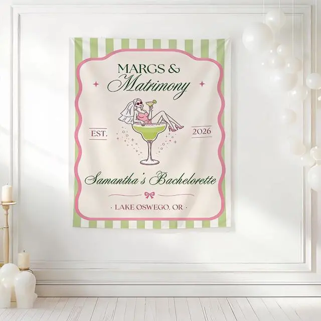 Alt view image 4 of 7 - Personalized Margs and Matrimony Bachelorette Banner Backdrop Custom Name Cocktail Martini Green Stripes Bach Weekend Photo Backdrop Bridal Shower Hen Night Girls Night Decor Sign Wall Art Print