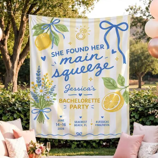 Alt view image 3 of 7 - Personalized She Found Her Main Squeeze Bachelorette Banner Backdrop Custom Name Lemon Floral Bow Bach Weekend Photo Backdrop Bridal Shower Hen Night Girls Night Bride To Be Decor Sign Art Print