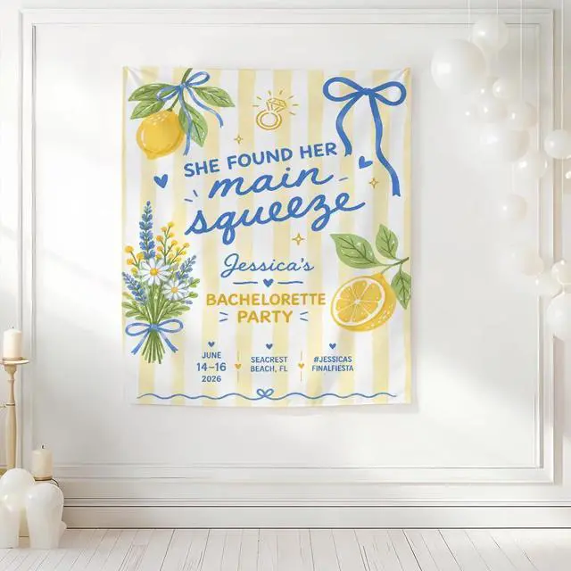 Alt view image 4 of 7 - Personalized She Found Her Main Squeeze Bachelorette Banner Backdrop Custom Name Lemon Floral Bow Bach Weekend Photo Backdrop Bridal Shower Hen Night Girls Night Bride To Be Decor Sign Art Print