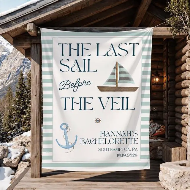 Alt view image 2 of 7 - Personalized The Last Sail Before the Veil Bachelorette Banner Backdrop Custom Name Sailboat Anchor Teal Stripes Bach Party Photo Backdrop Bridal Shower Hen Party Girls Night Bride Decor Art