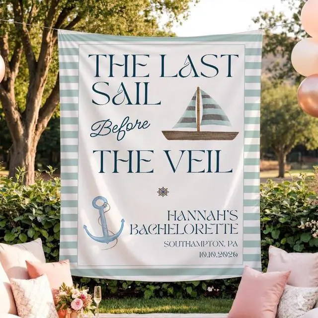 Alt view image 3 of 7 - Personalized The Last Sail Before the Veil Bachelorette Banner Backdrop Custom Name Sailboat Anchor Teal Stripes Bach Party Photo Backdrop Bridal Shower Hen Party Girls Night Bride Decor Art