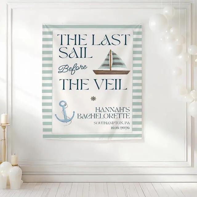 Alt view image 4 of 7 - Personalized The Last Sail Before the Veil Bachelorette Banner Backdrop Custom Name Sailboat Anchor Teal Stripes Bach Party Photo Backdrop Bridal Shower Hen Party Girls Night Bride Decor Art