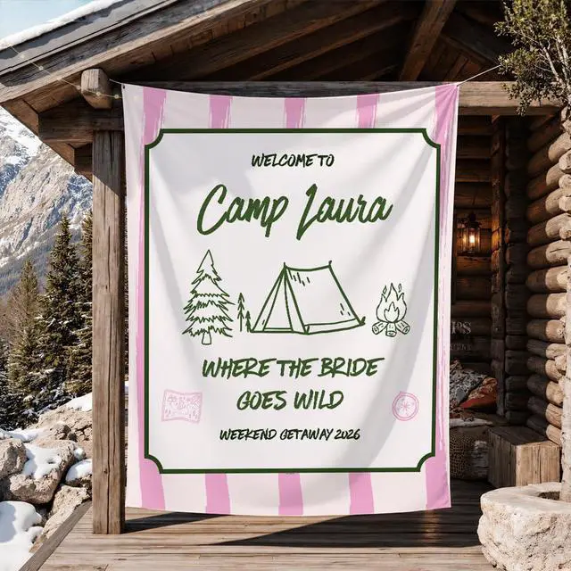 Main image of Personalized Welcome to Camp Bachelorette Banner Backdrop Custom Name Where the Bride Goes Wild Camping Tent Bach Party Photo Backdrop Bridal Shower Hen Party Girls Night Decor Sign Wall Art