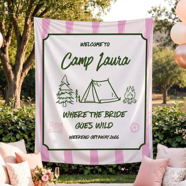 Alt view image 3 of 7 - Personalized Welcome to Camp Bachelorette Banner Backdrop Custom Name Where the Bride Goes Wild Camping Tent Bach Party Photo Backdrop Bridal Shower Hen Party Girls Night Decor Sign Wall Art