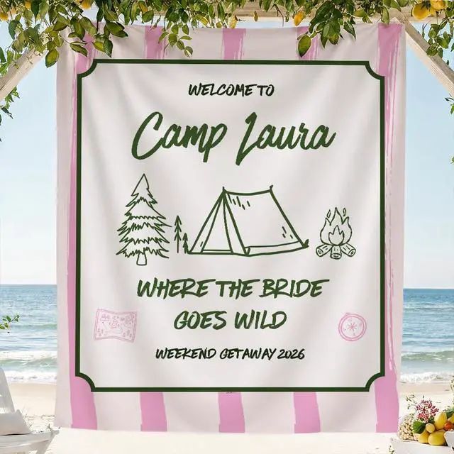 Alt view image 2 of 7 - Personalized Welcome to Camp Bachelorette Banner Backdrop Custom Name Where the Bride Goes Wild Camping Tent Bach Party Photo Backdrop Bridal Shower Hen Party Girls Night Decor Sign Wall Art