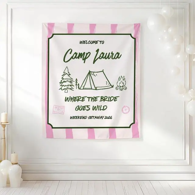 Alt view image 4 of 7 - Personalized Welcome to Camp Bachelorette Banner Backdrop Custom Name Where the Bride Goes Wild Camping Tent Bach Party Photo Backdrop Bridal Shower Hen Party Girls Night Decor Sign Wall Art