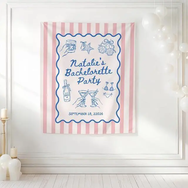 Alt view image 2 of 7 - Personalized Bachelorette Banner Backdrop Custom Name Pink Stripes Cocktails Girly Icons Bach Weekend Photo Backdrop Bridal Shower Hen Night Girls Night Last Fling Bride To Be Decor Sign Art