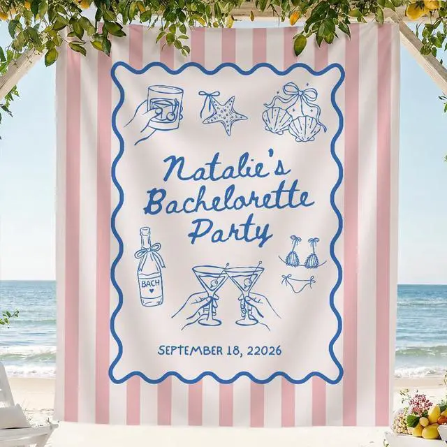 Main image of Personalized Bachelorette Banner Backdrop Custom Name Pink Stripes Cocktails Girly Icons Bach Weekend Photo Backdrop Bridal Shower Hen Night Girls Night Last Fling Bride To Be Decor Sign Art