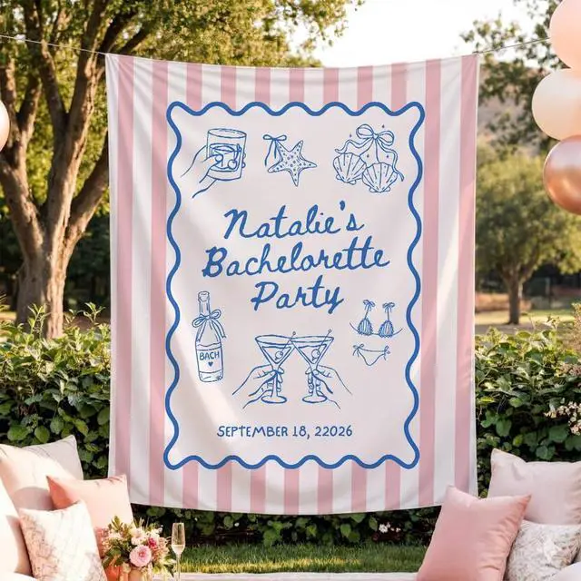 Alt view image 3 of 7 - Personalized Bachelorette Banner Backdrop Custom Name Pink Stripes Cocktails Girly Icons Bach Weekend Photo Backdrop Bridal Shower Hen Night Girls Night Last Fling Bride To Be Decor Sign Art
