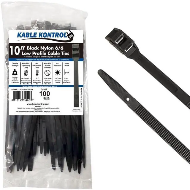 Main image of Low-Profile Cable Ties 10 Inch 100 Pcs, 120 Lbs Test - Black | Double Locking Cable Ties UL Listed Inline Zip Ties - Chemical, UV & Abrasion Resistant Ties for Automotive & Medical Use