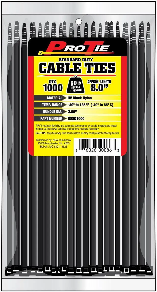 Main image of Pro Tie Standard Duty, Self-Locking UV Nylon Cable Wire Ties for Indoor and Outdoor Use |8-Inch, 50 lbs. Tensile Strength, UV Black Nylon, 1000-Pack (PN: B8SD1000)
