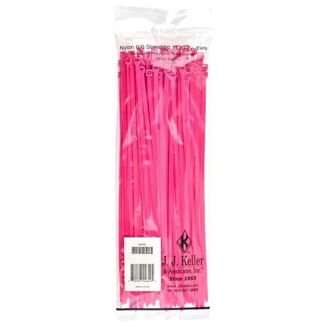 Main image of J. J. Keller 11 Inch Zip Ties, Neon Pink, 100 Pack, 50 lbs. Break Strength, Standard-Duty Nylon Zip Ties