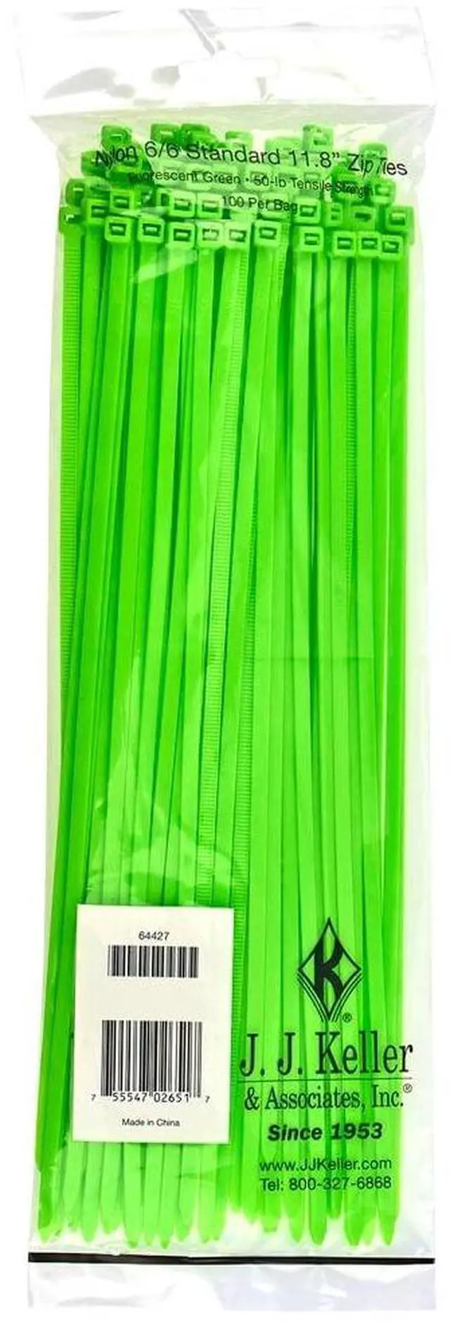Main image of J. J. Keller 11 Inch Zip Ties, Neon Green, 100 Pack, 50 lbs. Break Strength, Standard-Duty Nylon Zip Ties
