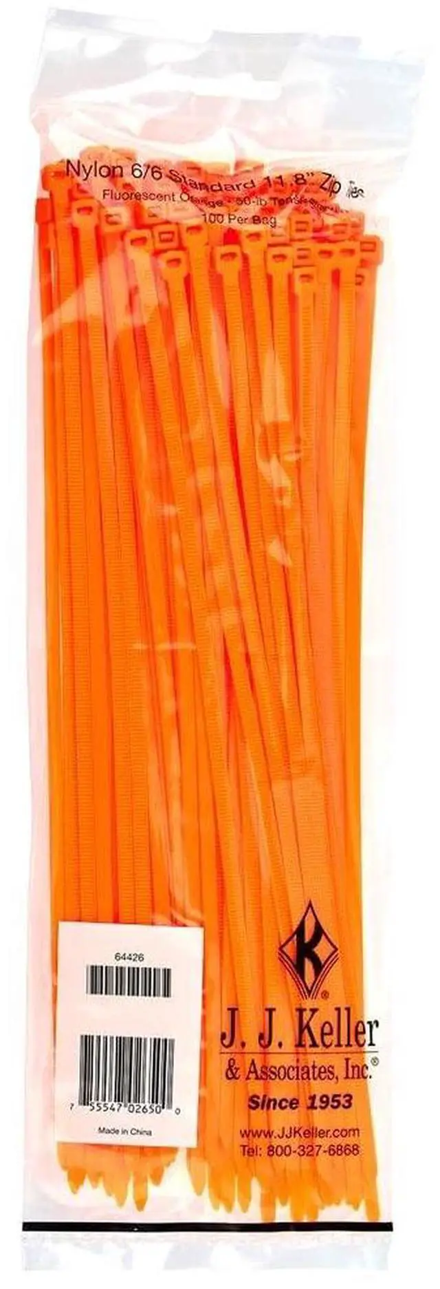 Main image of J. J. Keller 11 Inch Zip Ties, Neon Orange, 100 Pack, 50 lbs. Break Strength, Standard-Duty Nylon Zip Ties