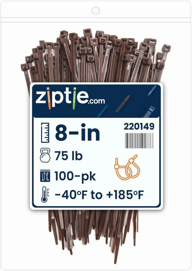 Main image of 8-Inch Dark Brown Nylon Multi-Purpose Zip Ties - 75-lb Tensile Strength Cord Management - UL 21S Listed Tie Wraps - Indoor Multi-Purpose (100-Pack)