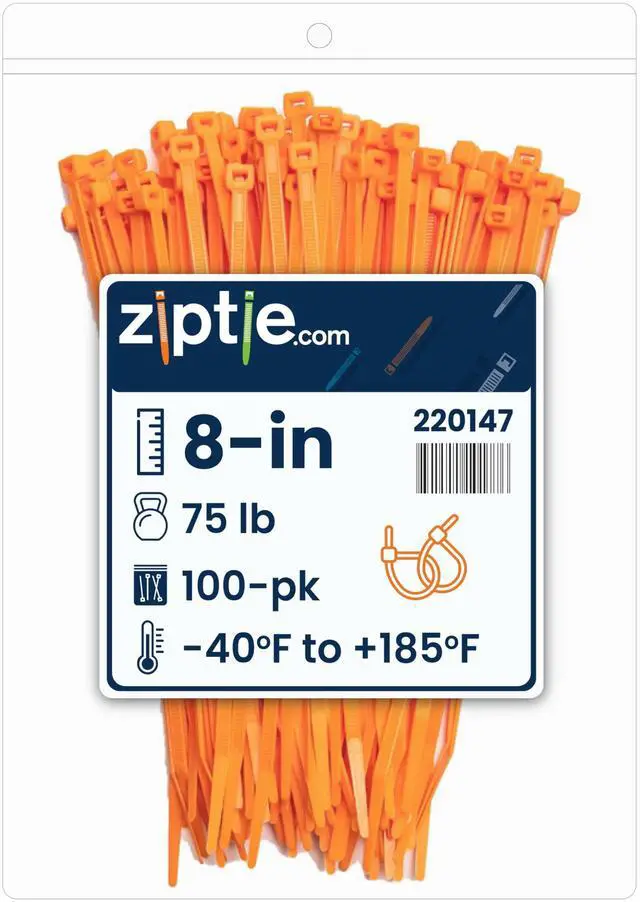Main image of 8-Inch Fluoresent Orange Nylon Multi-Purpose Zip Ties - 75-lb Tensile Strength Cord Management - UL 21S Listed Tie Wraps - Indoor Multi-Purpose (100-Pack)