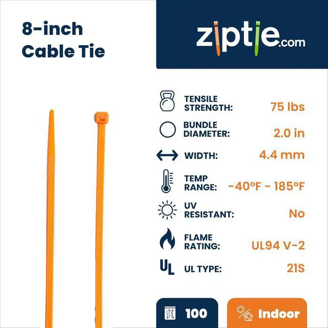 Alt view image 2 of 7 - 8-Inch Fluoresent Orange Nylon Multi-Purpose Zip Ties - 75-lb Tensile Strength Cord Management - UL 21S Listed Tie Wraps - Indoor Multi-Purpose (100-Pack)