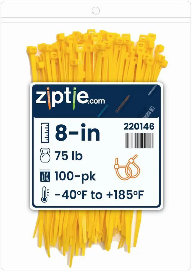 Main image of 8-Inch Hi-Vis Yellow Nylon Multi-Purpose Zip Ties - 75-lb Tensile Strength Cord Management - UL 21S Listed Tie Wraps - Indoor Multi-Purpose (100-Pack)