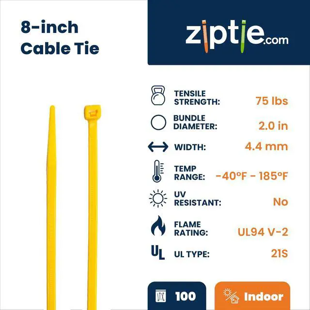 Alt view image 2 of 7 - 8-Inch Hi-Vis Yellow Nylon Multi-Purpose Zip Ties - 75-lb Tensile Strength Cord Management - UL 21S Listed Tie Wraps - Indoor Multi-Purpose (100-Pack)