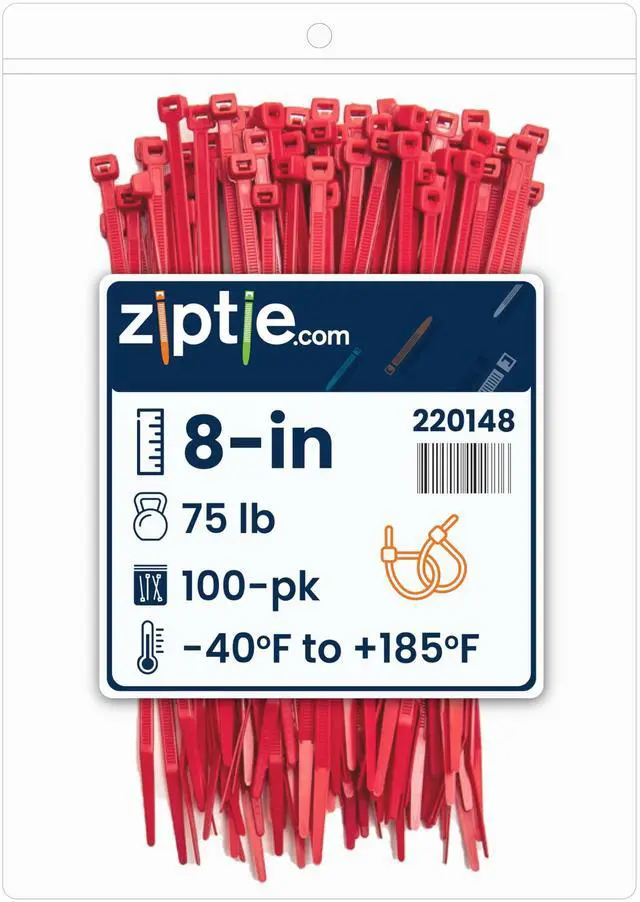 Main image of 8-Inch Red Nylon Multi-Purpose Zip Ties - 75-lb Tensile Strength Cord Management - UL 21S Listed Tie Wraps - Indoor Multi-Purpose (100-Pack)