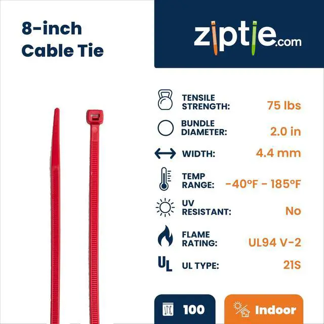 Alt view image 2 of 7 - 8-Inch Red Nylon Multi-Purpose Zip Ties - 75-lb Tensile Strength Cord Management - UL 21S Listed Tie Wraps - Indoor Multi-Purpose (100-Pack)