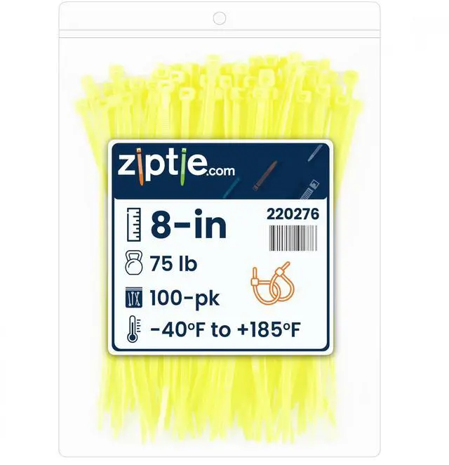 Main image of 8-Inch Fluorescent Yellow Nylon Multi-Purpose Zip Ties - 75-lb Tensile Strength Cord Management - UL 21S Listed Tie Wraps - Indoor Multi-Purpose (100-Pack)