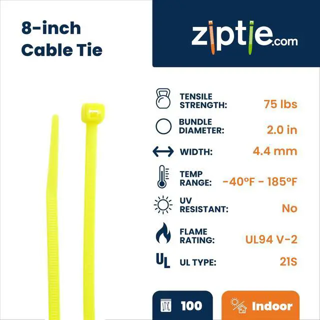 Alt view image 2 of 7 - 8-Inch Fluorescent Yellow Nylon Multi-Purpose Zip Ties - 75-lb Tensile Strength Cord Management - UL 21S Listed Tie Wraps - Indoor Multi-Purpose (100-Pack)