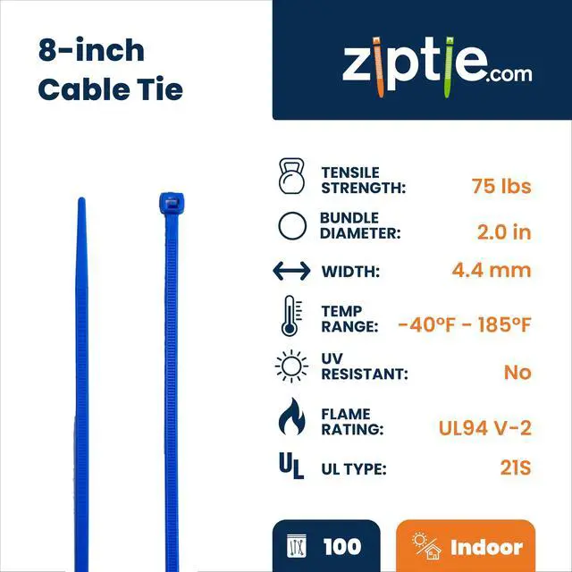 Alt view image 2 of 7 - 8-Inch Blue Nylon Multi-Purpose Zip Ties - 75-lb Tensile Strength Cord Management - UL 21S Listed Tie Wraps - Indoor Multi-Purpose (100-Pack)