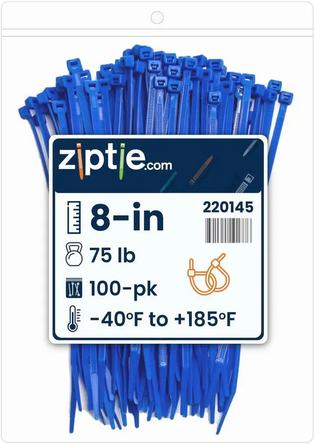 Main image of 8-Inch Blue Nylon Multi-Purpose Zip Ties - 75-lb Tensile Strength Cord Management - UL 21S Listed Tie Wraps - Indoor Multi-Purpose (100-Pack)