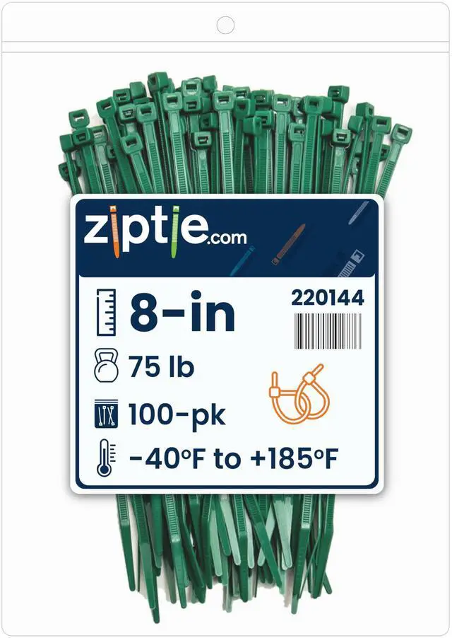 Main image of 8-Inch Dark Green Nylon Multi-Purpose Zip Ties - 75-lb Tensile Strength Cord Management - UL 21S Listed Tie Wraps - Indoor Multi-Purpose (100-Pack)