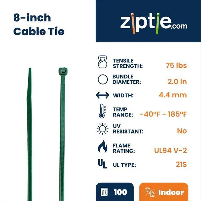 Alt view image 2 of 7 - 8-Inch Dark Green Nylon Multi-Purpose Zip Ties - 75-lb Tensile Strength Cord Management - UL 21S Listed Tie Wraps - Indoor Multi-Purpose (100-Pack)