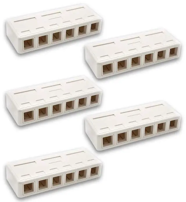 Main image of Keystone Jack Surface Mount Box White, Biscuit for RJ45, RJ11, RJ12 Keystone Jacks, UL Listed, RoHs Compliant (5-Pack, 6-Port)