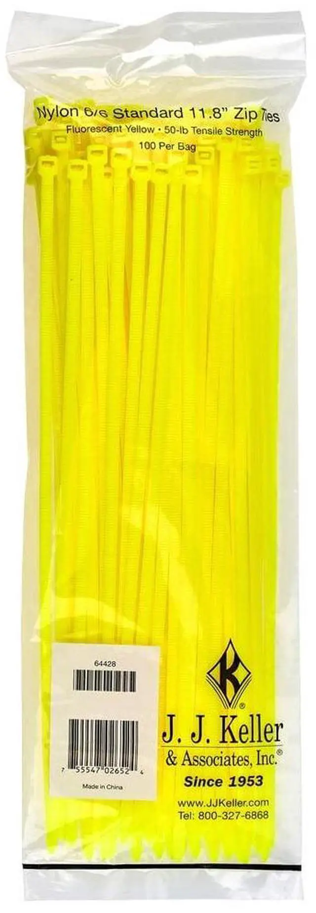 Main image of J. J. Keller 11 Inch Zip Ties, Neon Yellow, 100 Pack, 50 lbs. Break Strength, Standard-Duty Nylon Zip Ties