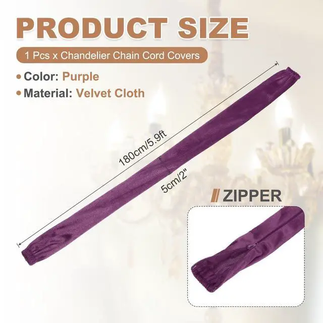 Alt view image 2 of 7 - 5.9ft Chandelier Chain Cord Cover, Velvet Cloth Fabric Chain Sleeve Decorative Cord Covers for Chandelier Wires Swing Cable, Zipper Style, Purple