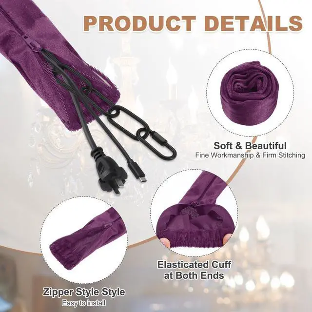 Alt view image 3 of 7 - 5.9ft Chandelier Chain Cord Cover, Velvet Cloth Fabric Chain Sleeve Decorative Cord Covers for Chandelier Wires Swing Cable, Zipper Style, Purple