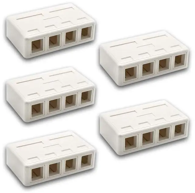 Main image of Keystone Jack Surface Mount Box White, Biscuit for RJ45, RJ11, RJ12 Keystone Jacks, UL Listed, RoHs Compliant (5-Pack, 4-Port)
