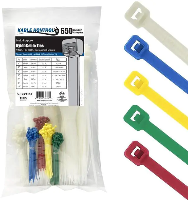 Main image of Zip Tie Kit 650 Pcs Assorted Length 4+8+11 Inch, Multicolor | Multi Pack Cable Tie Wraps, Nylon Wire Ties Variety Pack Sizes for Indoor Cable Management