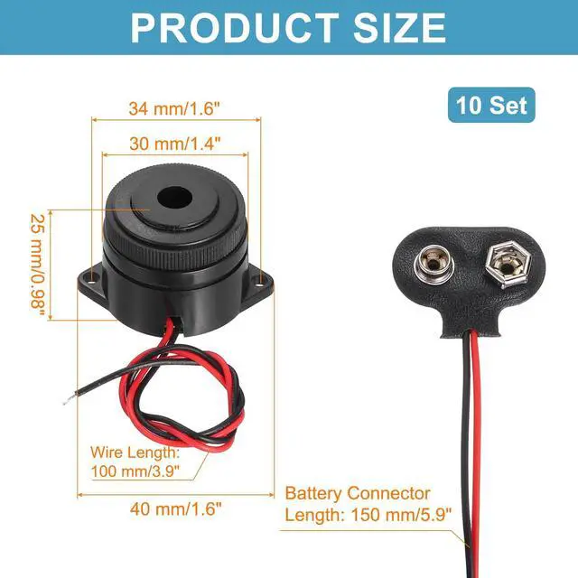 Alt view image 2 of 6 - 10Pcs DC3-24V 100dB 3500Hz Electronic Piezo Buzzer Alarm Sounder Active Intermittent Beep Sound with 9V t Type Battery Connector for Motorcycle Golf Car t Vehicles Car Alarm, Black