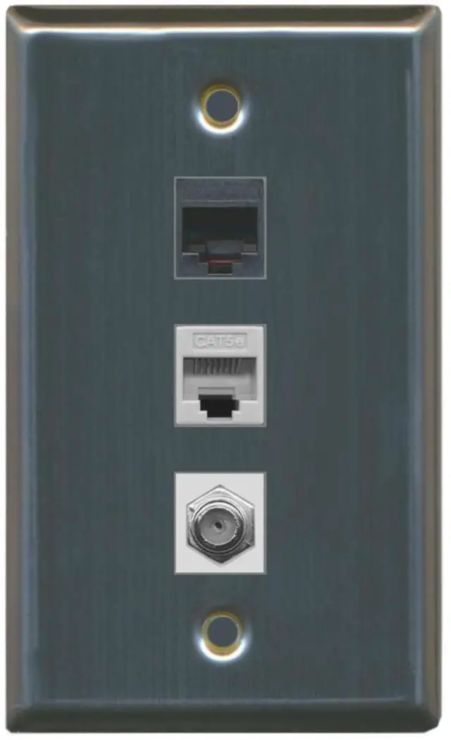 Main image of 1 Port Coax Cable TV- F-Type 1 Phone RJ11 RJ12 1 Cat5e Ethernet Wall Plate - Stainless Steel